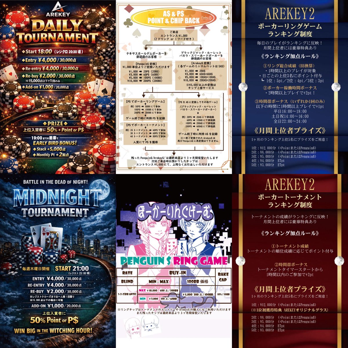 penguinArekey's tweet photo. 🎲【7/9(木) スケジュール】
📍甲東園 AREKEYⅡ

✅16:00〜
♠️ポーカーリングゲーム

✅18:00〜
🎰カジノゲーム各種 開始！

🔥ポーカートーナメント🔥
✅18:00〜
🏆DAILYトナメ
E/¥4,000

✅21:00〜
🏆MIDNIGHTトナメ
E/¥4,000

🎉全ゲーム初心者大歓迎＆無料レクチャーあり！ https://t.co/exugBrT56S