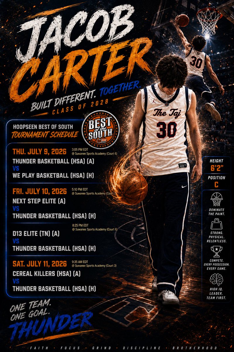 JacobCarter30's tweet photo. Coaches, my team is playing in Best of the South this weekend here is the schedule. @hoopseen @PierceKSmith @thunderbballinc https://t.co/GtfUGlvcG0