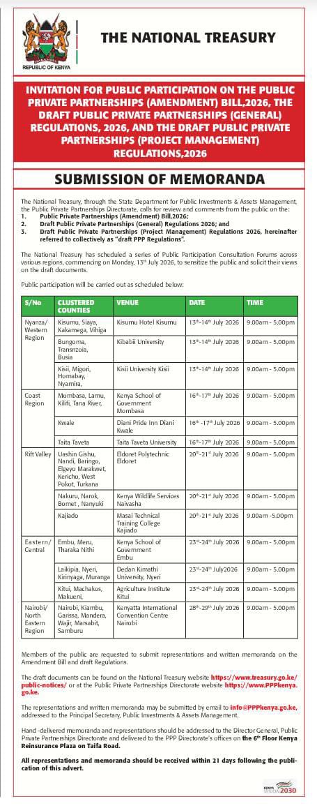 EngKefaSeda's tweet photo. Fellow Kenyans, 

Public Participation is an integral part of strengthening Kenya’s Public-Private Partnership legal and regulatory framework. I invite all Kenyans and key institutions to participate in the upcoming public consultation forums on the Draft Public Private Partnerships (Amendment) Bill, 2026, the Draft Public Private Partnerships (General) Regulations, 2026 and the Draft Public Private Partnerships (Project Management) Regulations, 2026.

The views and recommendations received will inform the refinement of these proposals and contribute to a stronger framework for the development, procurement, implementation and management of PPP projects. I encourage all interested parties to attend the consultations in their respective regions or submit written memoranda for consideration.