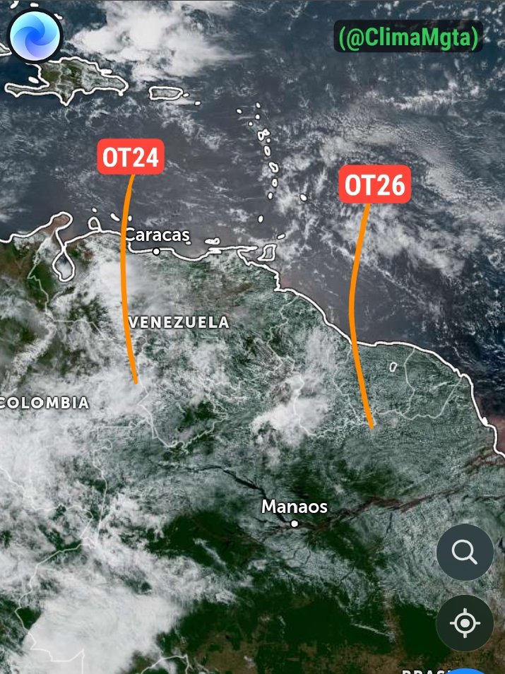 ClimaMgta's tweet photo. Ondas Tropicales 2026
#08jul 11:35 am

OT24, llegará al occidente venezolano en las próximas horas. 

OT25, suprimida en días pasados. 

OT26, ha disminuido la nubosidad convectiva solo presente al Norte de su eje. Llegará al oriente venezolano esta noche. https://t.co/uc08GJ45rL