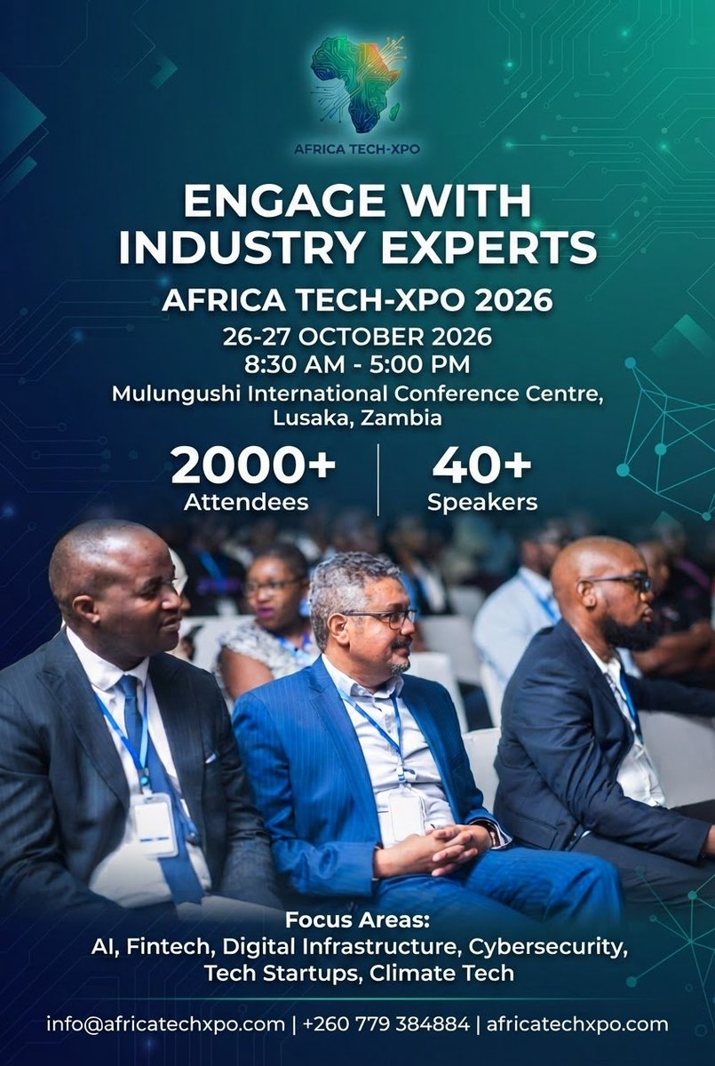 africatechxpo's tweet photo. The biggest value of any conference isn't just what's said on stage, it's the conversations that happen afterwards.

Africa Tech-Xpo 2026 will bring together more than 2,000 attendees and over 40 speakers, including technology companies, investors, telecom operators, government representatives, fintechs, development partners, startups, and corporate leaders.

Come to learn from experts, exchange ideas, and build relationships that could shape your next opportunity.

📍 26–27 October 2026 | Lusaka, Zambia

View the Programme: https://t.co/UG1pvGqbyH

Download the Brochure: https://t.co/5YDbYBEPXy

Contact:
info@africatechxpo.com
+260 779 384 884

#AfricaTechXpo26