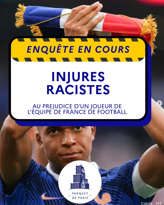 sebaalvareza's tweet photo. Cuenta oficial de la Fiscalía de Paris.

🔵 Apertura de investigación judicial por insultos racistas contra jugador de @equipedefrance .

La investigación está siendo llevada a cabo por la Unidad Nacional de Delitos de Odio en Línea (PNLH) y está encomendada a la Oficina Central https://t.co/5UoTDn53yn