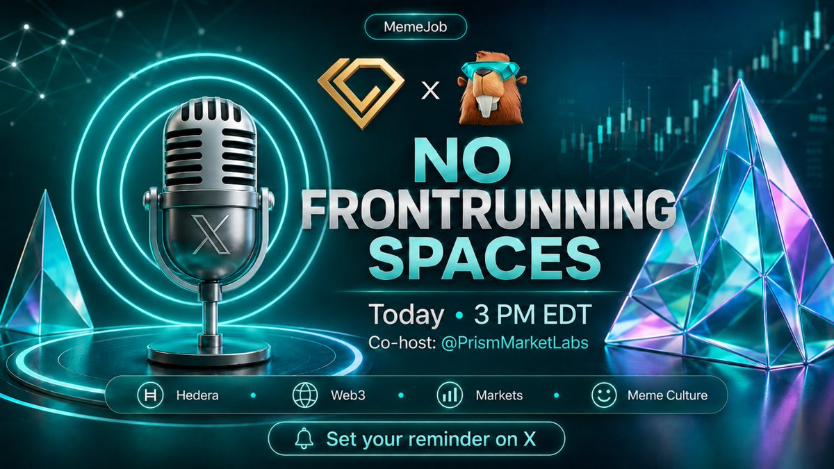 MemeJobFun's tweet photo. No Frontrunning Spaces kicks off at 3 PM EDT! 🔥

Join us with our co-host @PrismMarketLabs  today! We're catching up on Hedera news, memes, and talking about what's going on across the network right now. 

🔔Set your reminder here:
https://t.co/RiLj3C2OoK https://t.co/3ehDDiltDW