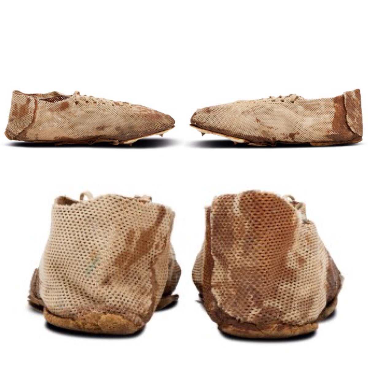 shoezeum's tweet photo. Bill Norris met Bill Bowerman in 1968. According to Norris, Bowerman took an interest in him, started planning his workouts, and invited him to compete in Oregon Dual Meets. One day Bowerman invited Norris over to his house for pancakes. Bowerman traced Norris’ feet and drew a rough sketch to create a custom pair of shoes for him. Bowerman built the shoes by gluing them together as opposed to stitching them. Interestingly Bowerman sized the shoes at the heels. If you look closely at the heels you’ll see flaps that Bowerman glued together to create a custom fit for Norris. Check out pics 3 and 4.