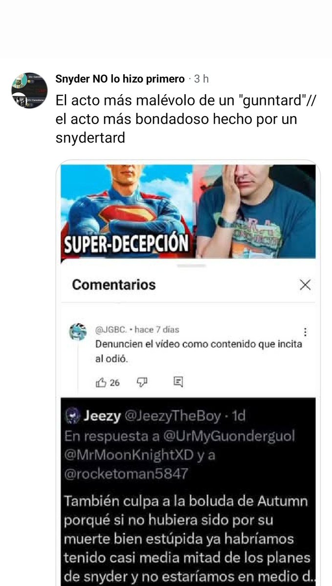 CringGunn2's tweet photo. Intentó blanquear a los Gunntards, pero le salió mal porque al que coloco abajo no es un Snydertard XD

El de abajo resultó ser un hater de Snyder que se hizo pasar por fan para hacer ese comentario, pero se le olvidó borrar las publicaciones anteriores donde atacaba al director. https://t.co/7x6rh99dnl