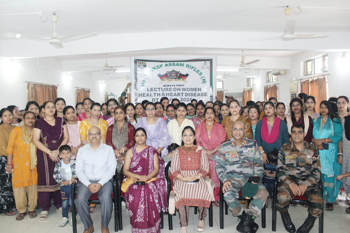 official_dgar's tweet photo. ASSAM RIFLES ORGANISES LECTURE ON WOMEN'S HEALTH AND HEART DISEASE AT DIMAPUR, NAGALAND
No. 1 Workshop #AssamRifles, Dimapur, Nagaland, organised an informative lecture on Women's Health and Heart Disease on 08 July 2026 for the families of the unit. The session was conducted by Commandant (Dr) C I Biradar and Commandant (Dr) Charishma, who shared valuable insights on women's health, the prevention and early detection of heart disease, healthy lifestyle practices and the importance of regular medical check-ups. The interactive session provided an opportunity for the ladies and family members to discuss their health-related concerns directly with the doctors. The speakers patiently addressed their queries and offered practical medical guidance, enabling participants to better understand and manage common health issues.
 
#friendsofthenortheast #sentinelsofnortheast #OperationalReadiness #CommunityFirst #NationFirst #ServiceBeforeSelf #GuardiansOfTheNation

@HMOIndia @adgpi @PIBHomeAffairs