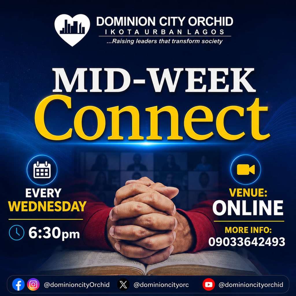 dominioncityOrc's tweet photo. Connect with us online by 6:30pm for a special midweek service.
You can join us wherever you are. For more information please call 09033642493.
Shalom!
#midweekservice
#dominioncityorchid
#dcservice
#dominioncity https://t.co/spgeOE5wqu