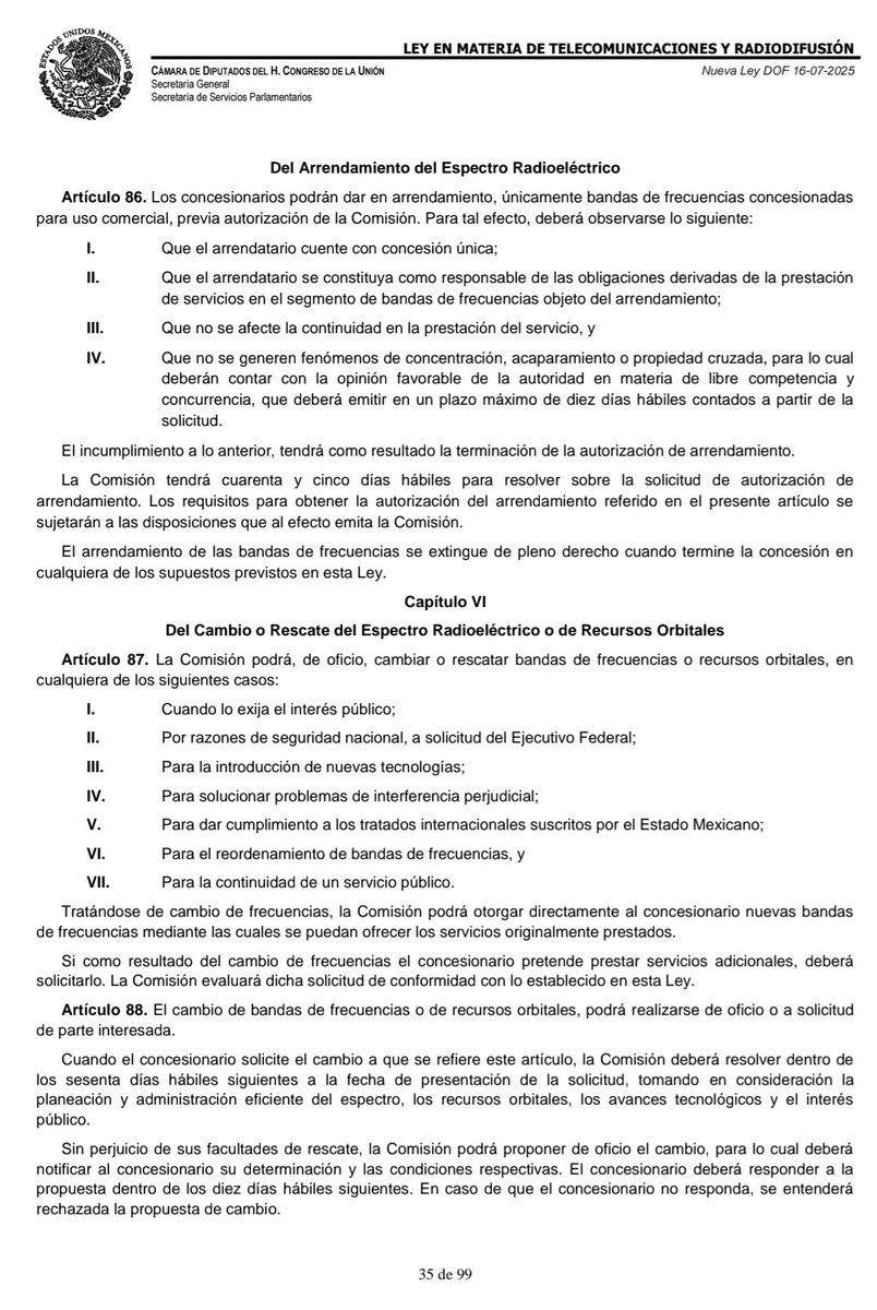 HctorDetectivMx's tweet photo. Que se recupere la CONCESIÓN PÚBLICA que tiene el Terrorista promotor de violencia y FakeNews de #LaPerritaDeTrump

#EmbargarTVAztecaYA
#TvAzteca

LEY EN MATERIA DE TELECOMUNICACIONES Y RADIODIFUSIÓN

Del Cambio o Rescate del Espectro Radioeléctrico o de Recursos Orbitales

Art. 87

El 1ero de tantos motivos es:
✓ Por razones de seguridad nacional, Ricardo Salinas Pliego llamó a la violencia en toda manifestación‼️
(Además del terrorismo digital y pidió intervención extranjera)
✓Cuando es de interés público (La MAYORÍA de los mexicanos lo demandan)
✓Pliego ha promovido la guerra e intervención, por lo que en Derecho Internacional se puede EMBARGAR: TV Azteca, Elektra y todos sus activos como parte de una medida de defensa del Estado