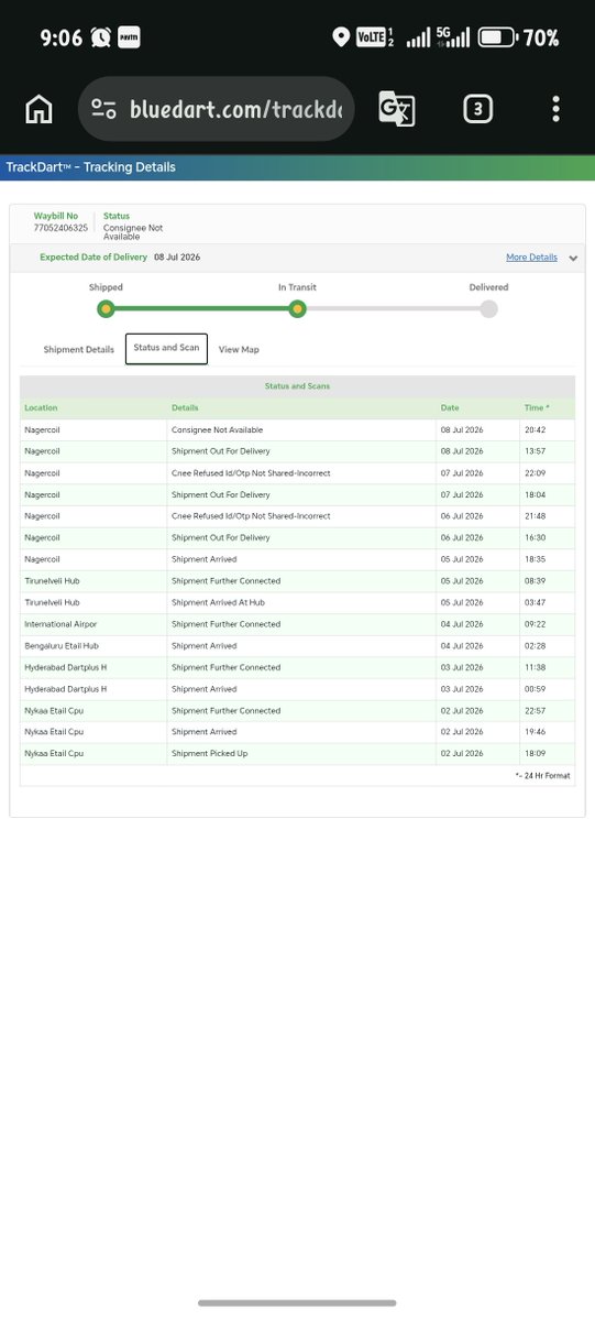nithishgb's tweet photo. @BlueDart_ Complaint number: 1817148. I have been complaining about this for the past 3,4 days. No response from the bluedart. Fake remarks are updated without attempting delivery. Thank you bluedart and  @myfrido https://t.co/0aN5msDatH