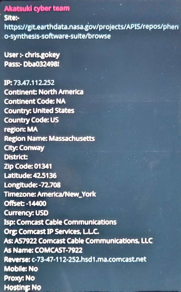 cg_sanchez's tweet photo. #DataLeak The group Akatsuki cyber team claims to have breached data of @NASAEarth 

Source: Telegram https://t.co/xj1gxywG1d