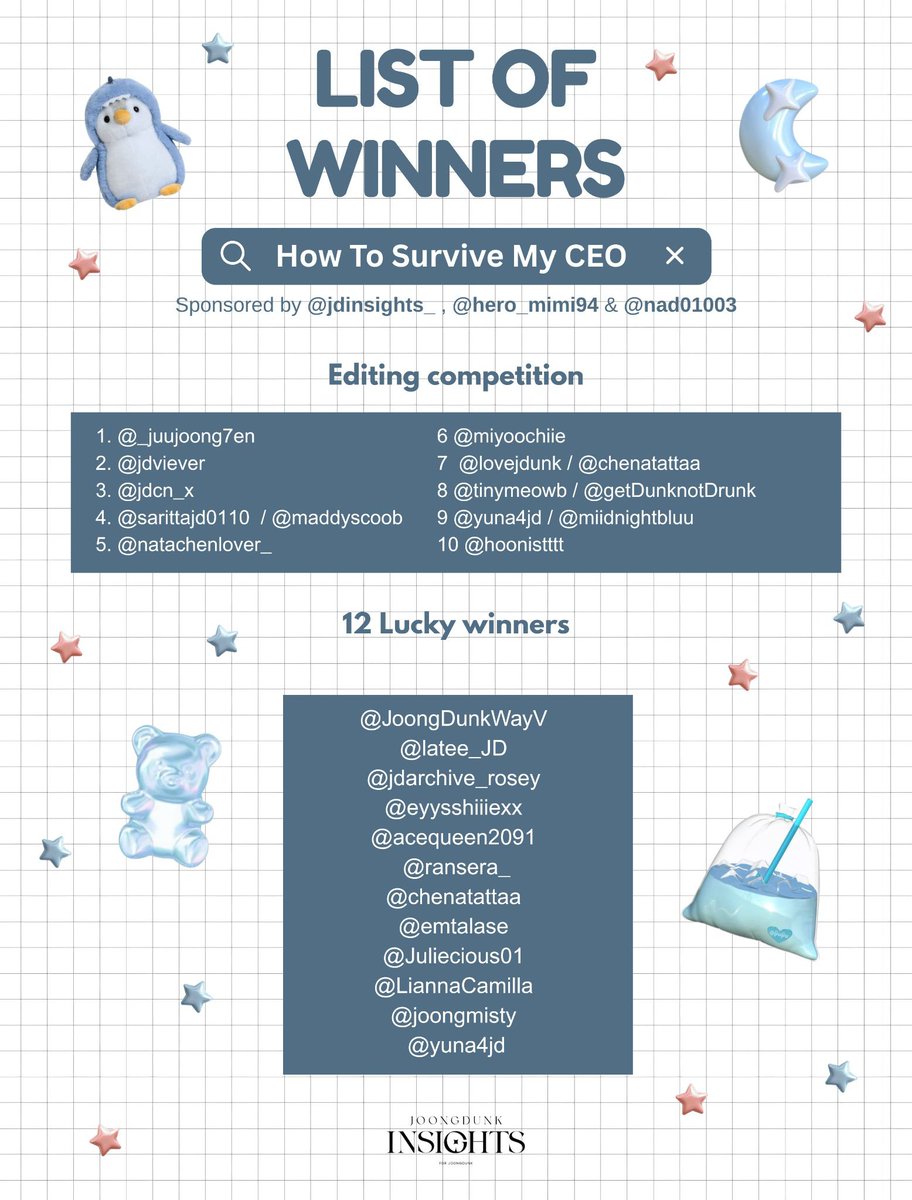 JDInsights_'s tweet photo. #HowToSurviveMyCEO #จุงดัง #JoongDunk

🔗 https://t.co/sAWEwLHyGp

Congratulations to all of our winners! 🏆

If you're one of the winners, please send us a message on our page with the following:

• Rank/Prize
• Preferred mode of transfer (Bank / PayPal / Wise / GPay)
• Account details for the transfer

Note: response might be tomorrow as the admin handling the prize have already went to rest🙏🏻

📣 Please continue streaming the HTSMC Pilot Trailer until we reach 3 million views! We'll be hosting another streaming session once everyone's schedules are free, so stay tuned