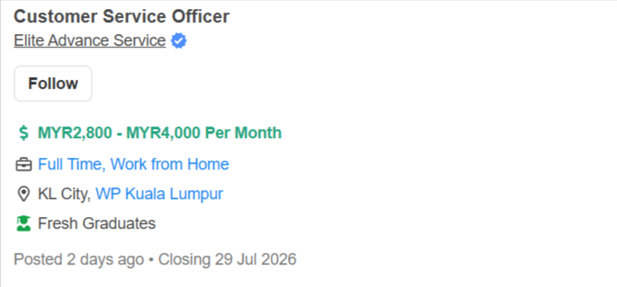 temankerjaaa's tweet photo. Buat kamu yang mau kerja sebagai Customer Service Officer - Remote, mimin dapet info loker dari malaysia

Salary : MYR2,800 - MYR4,000 ( Rp 12jt - 18jt )  Perbulan

 👨‍⚕️Client: Elite Advance Service
🗺️Address: Johor Baru, Malaysia

📌Benefits

- Annual Leave
- EPF
- Health Insurance
- Medical Leave
- SOCSO

Interested? DM aja ya, aku gak Open Link di twitt biar saingan kalian  ngelamar kerja gak banyak!