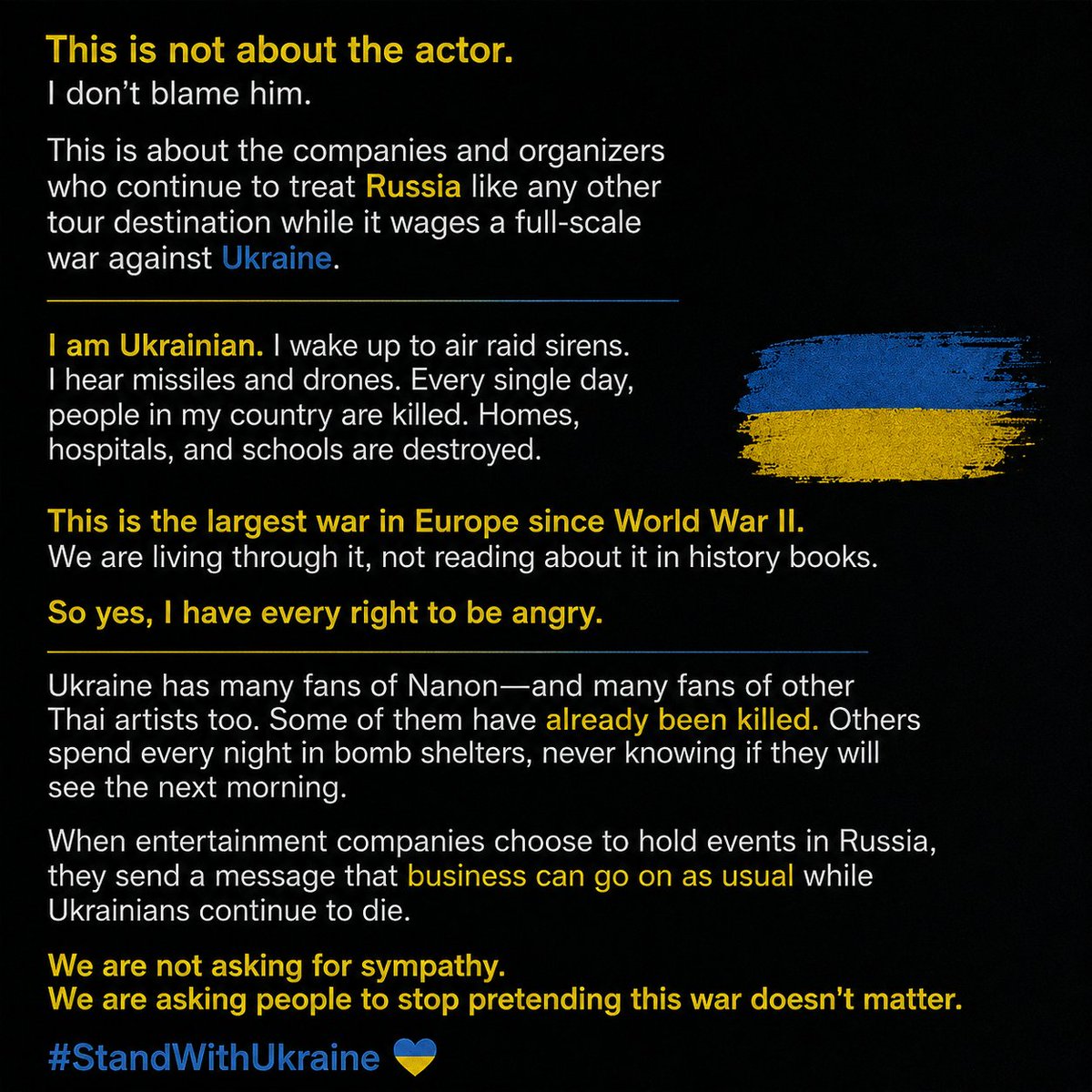 Oon0602Peraya's tweet photo. It's about the companies that continue to treat russia as a normal tour destination while russia kills Ukrainians every day.
@GMMTV, is blood money worth it?
#Nanon1stFanconinMoscow #mynameisnanon
#Russiaisaterroriststate https://t.co/zrU9HS9NY5