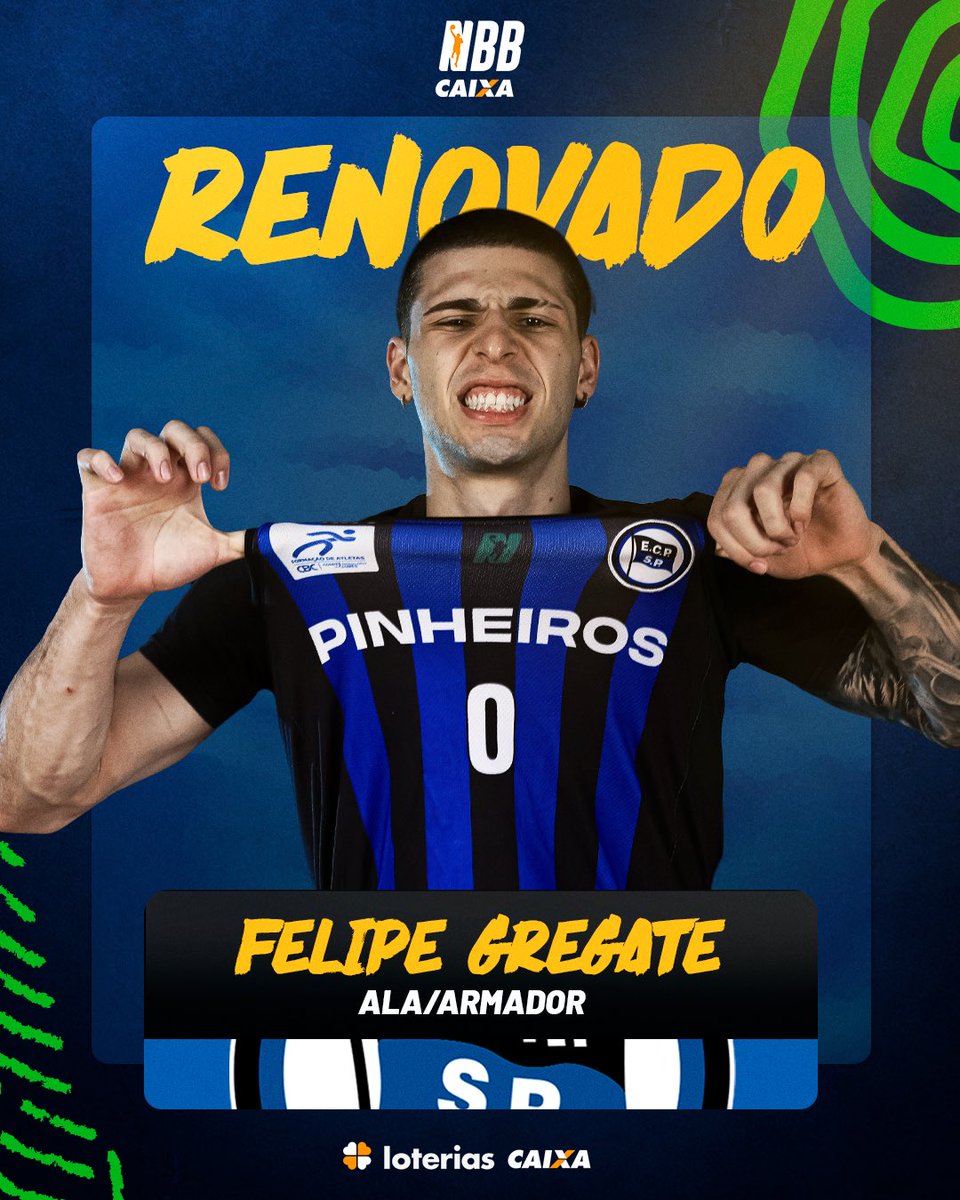 NBB's tweet photo. Felipe Gregate segue no Pinheiros! 🏀

Melhor Defensor do NBB CAIXA 2025/26, o ala-armador de 22 anos renovou contrato com o clube para a próxima temporada.

#NossaTerraTemBasquete #NBB https://t.co/zWIgKXrix9