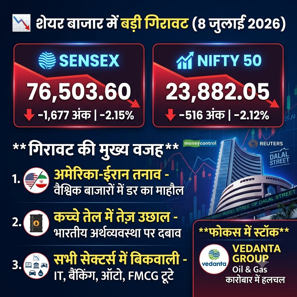 IndStockStudio's tweet photo. 📉 Stock Market Latest Update (8 जुलाई 2026)
आज भारतीय शेयर बाजार में बड़ी गिरावट देखने को मिली।
Sensex 1,677 अंकों की गिरावट के साथ 76,503.60 पर बंद हुआ।
Nifty 50 516 अंकों की गिरावट के साथ 23,882.05 पर बंद हुआ। �
#stock #stockmarket #share https://t.co/qher7kWgn5