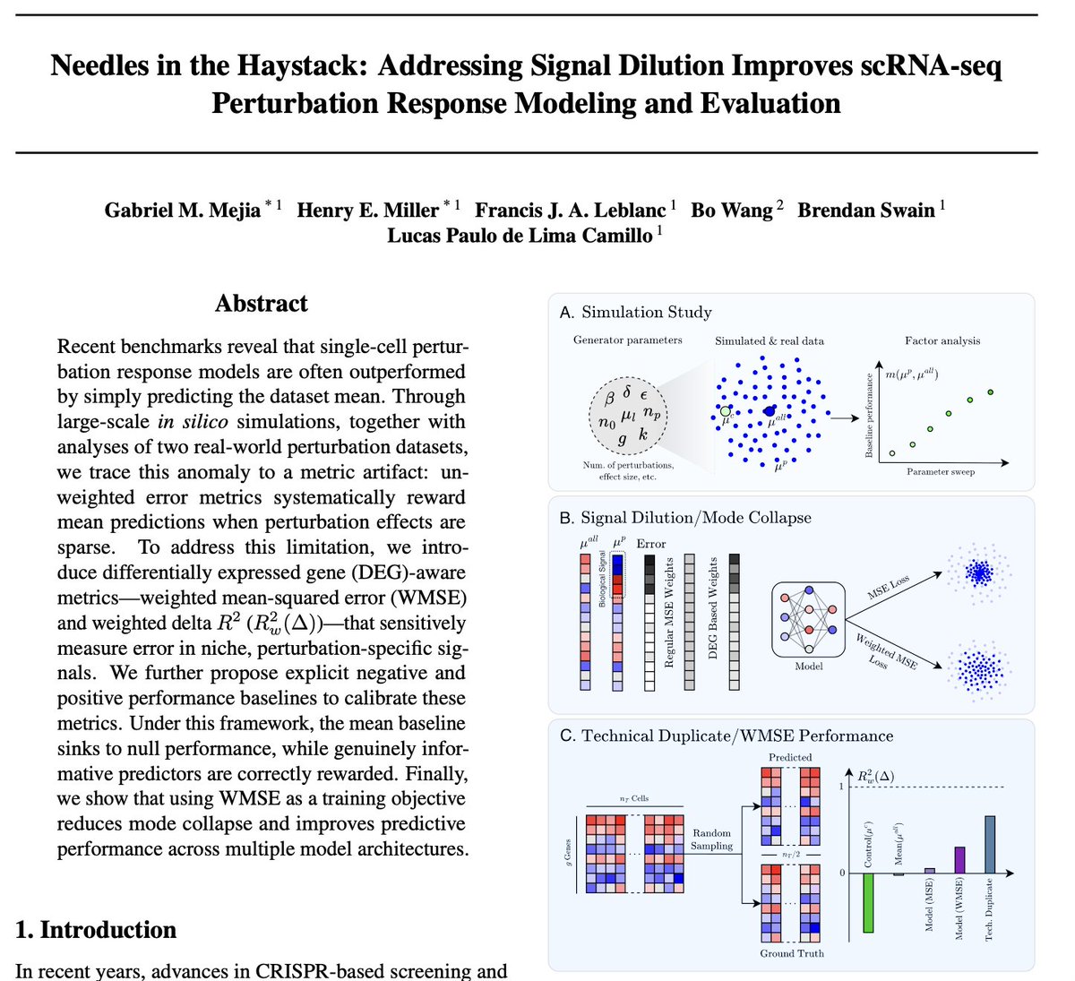 BoWang87's tweet photo. If you are at #ICML2026, check out our paper “Needles in the Haystack”! 

Our paper tries to address an uncomfortable finding in the field of "virtual cells": predicting the mean outperforms many scFMs such as GEARS, scGPT, scLambda on standard perturbation benchmarks. No learning required.

Not because the models are bad. Because the benchmarks are wrong.

Here's the root cause: a genetic perturbation changes ~20-50 genes out of ~20,000. Standard MSE weights every gene equally. So you're scoring models on 19,980 noise genes for every 20 signal genes. The mean predictor wins by capturing systematic shifts shared across all perturbations, ie, not the actual perturbation-specific response. Mode collapse dressed up as performance.

The fix is conceptually simple: weight the error toward differentially expressed genes. We call it WMSE. Under WMSE, the mean baseline collapses to null performance, as it should. Models that were supposedly underperforming turn out to actually learn something real. You just couldn't see it with the wrong ruler.

We also introduce calibrated baselines including a "positive" baseline : predict half a perturbation's cells from the other half. That gives you a realistic ceiling based on the dataset's intrinsic noise floor. Now you know what good actually looks like.

The broader point: measurement is upstream of modeling. Every benchmark paper, every foundation model comparison in perturbation biology, is potentially scoring on the wrong thing. We need to fix the ruler before we argue about the model.

"Needles in the Haystack" — paper: https://t.co/GXpraMFnWV | code: https://t.co/gimh9CYXpO

Congrats to first authors Henry and Gabriel, and co-authors Francis, @BrendanMSwain, @lucascamillomd 🙏