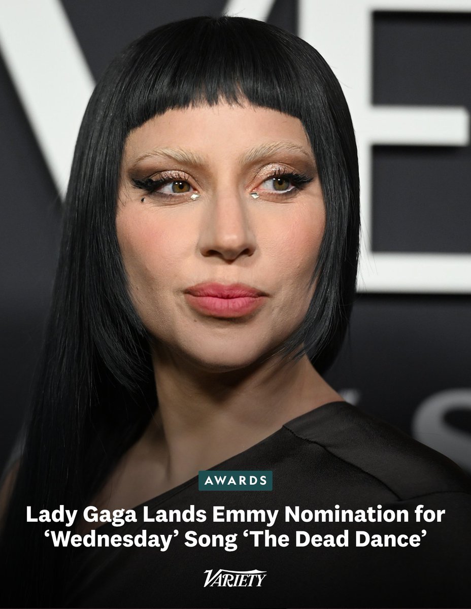 Variety's tweet photo. Lady Gaga has landed an outstanding music and lyrics Emmy nomination for “The Dead Dance” from Netflix’s “Wednesday.”

Gaga now has a total of five Emmy nominations, plus one Sports Emmys win for her 2025 Super Bowl performance of “Hold My Hand.”

https://t.co/krws19YT8X https://t.co/h9XLUaOGhB