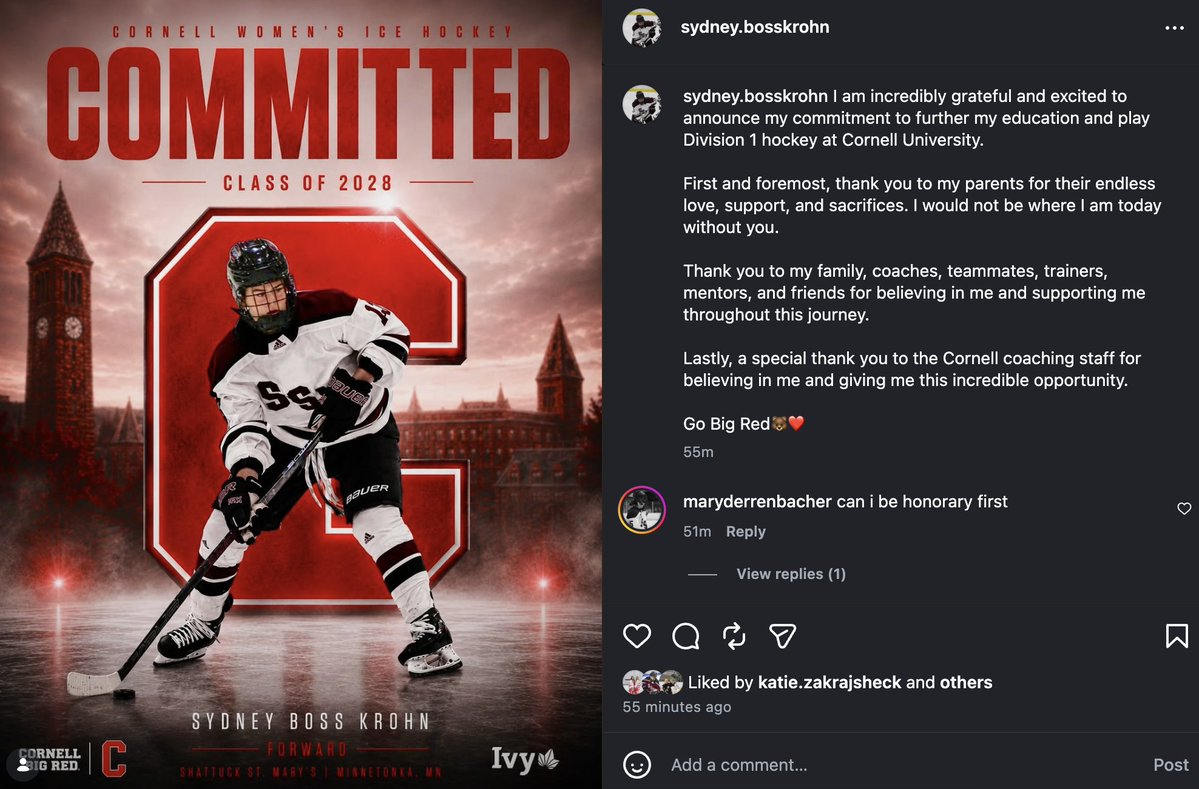 YouthHockeyHub's tweet photo. GHS

Sydney Boss Krohn has committed to Cornell. 

The forward played two seasons at Minnetonka before joining the Shattuck-St. Mary's prep squad this past season and posting 25pts in 56gp. https://t.co/9PBEx0e8a8