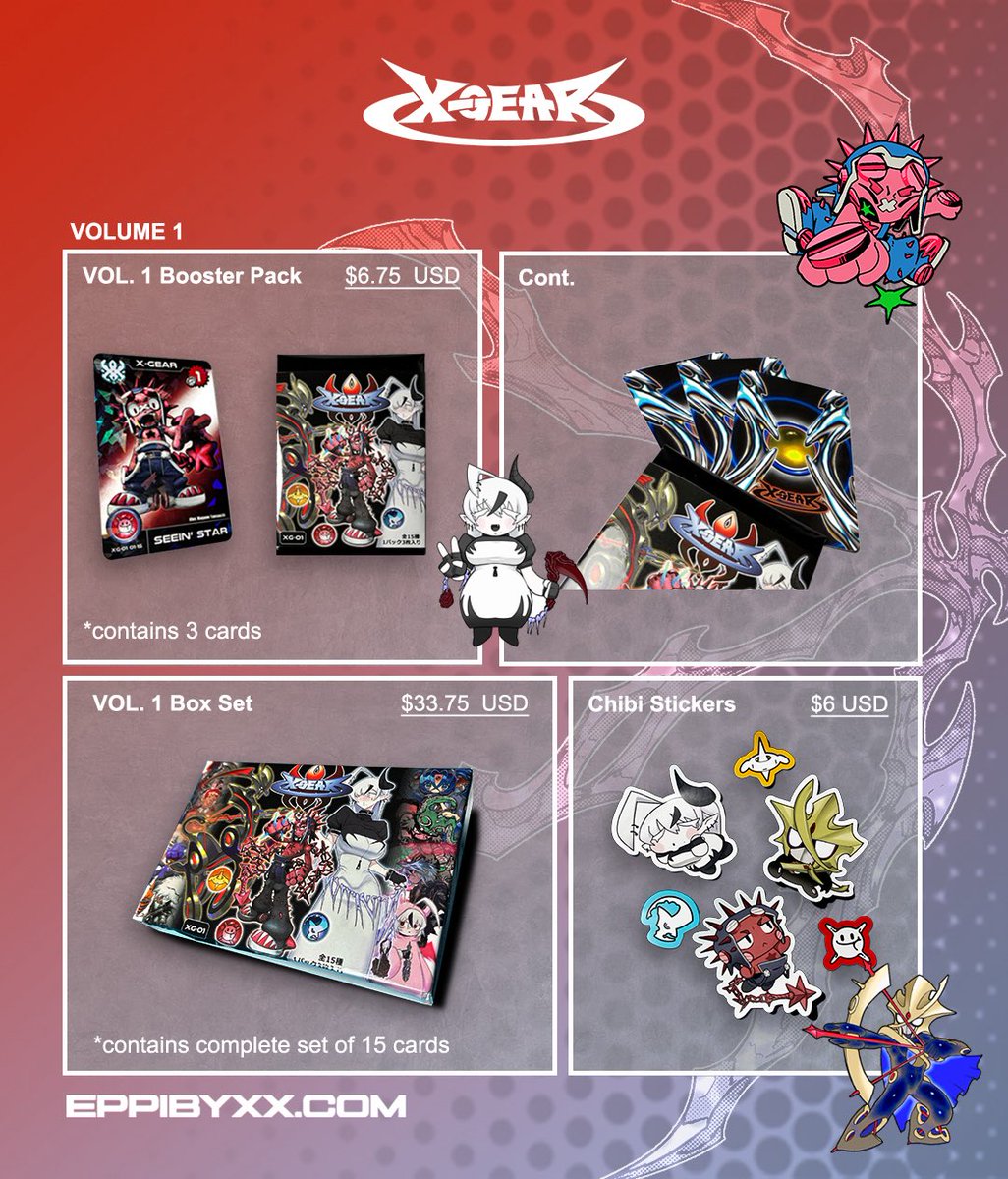 epitaphxx's tweet photo. X-GEAR ⚙️: VOLUME 1 ‼️

X-Gear is an original collectible and playable card series created by PASS, vlm, and Magane Yamauchi featuring premium holographic foil treatment ✨

Receive an exclusive promo card for limited time 🤩🃏

Available in the US exclusively through EPPI BY XX https://t.co/52LUqpBtaI
