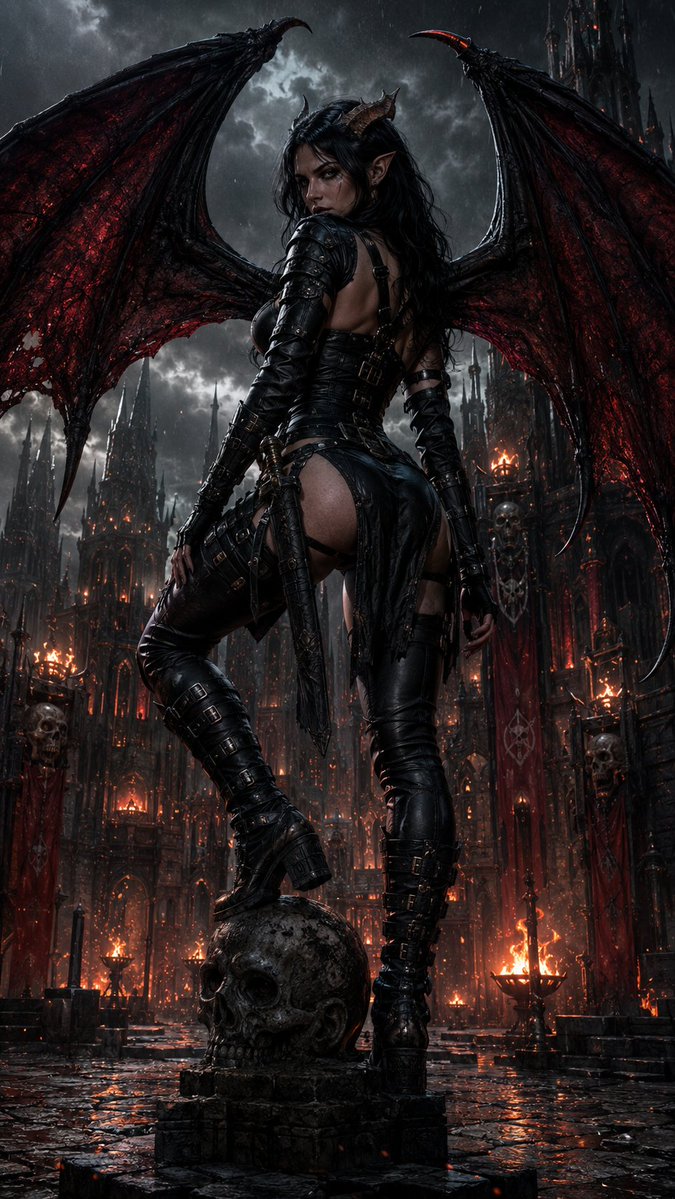 sophiasworld_17's tweet photo. Above the burning towers of the underworld, she spreads her wings. 🖤🔥 Horns, black armor, and a gaze filled with sinister power – she is no prisoner of the darkness, but its ruler. 😈🩸

#InfernalQueen #DarkQueen #Hellscape #DemonGirl https://t.co/oaZe8cs6Ey