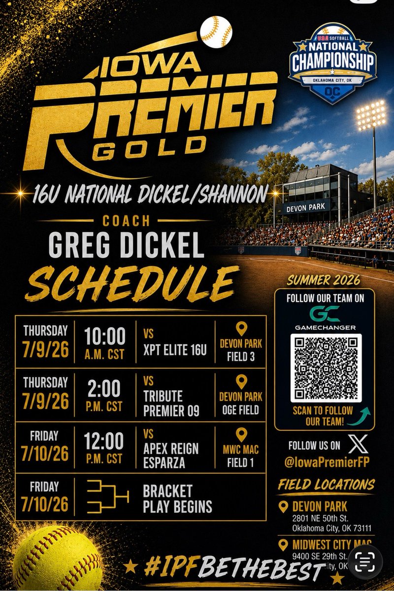 megankuiper2028's tweet photo. In Oklahoma this week for the USA Gold Nationals! Hope you can come check us out! Schedule โฌ๏ธ
#ipfbethebest #compete
@jillienwaldron @IowaPremierFP @PaigeShannonIPF @OliviaPazIPF @D1Softball @CoastRecruitsSB @SBRRetweets @LineDsoftball @TopPreps @TOP_D1RECRUITS @ExtraInningSB @LegacyLegendsS1 @fastpitchwatch @tagupSoftball @PrepSoftball @SoftbalAmerica @MidwestPremierS @ImpactRetweets @SportPrepX @fastpitchwatch @d1fastpitch1 @DiamondAddicts @USASoftball
