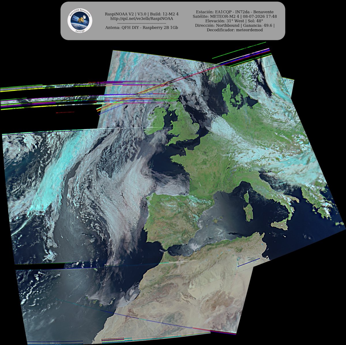 monforra's tweet photo. Ground Station: EA1CQP - IN72da - Benavente METEOR-M2 4 08-07-2026 17:22 CEST  Max Elev: 31° W Sun Elevation: 48° Gain: 49.6 | Northbound

#NOAA #MeteorM2_3 #MeteorM2_4 #weather #weathersats #APT #LRPT #wxtoimg #MeteorDemod #rtlsdr #gpredict #raspberrypi https://t.co/gb3VgMQWMz
