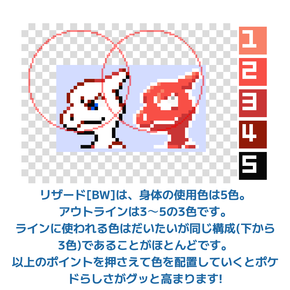 gopokenohito's tweet photo. ポケモン風ドット絵のアウトラインについて。

アウトライ��は黒で囲むだけではなく、
光源・影・隣り合う色に合わせて線色を変えると、
小さいスプライトでも立体感が出やすくなります。

世代ごとに表現方法が違いますが、皆さんはどのスタイルが好きですか？ https://t.co/aHW8iXv3T9