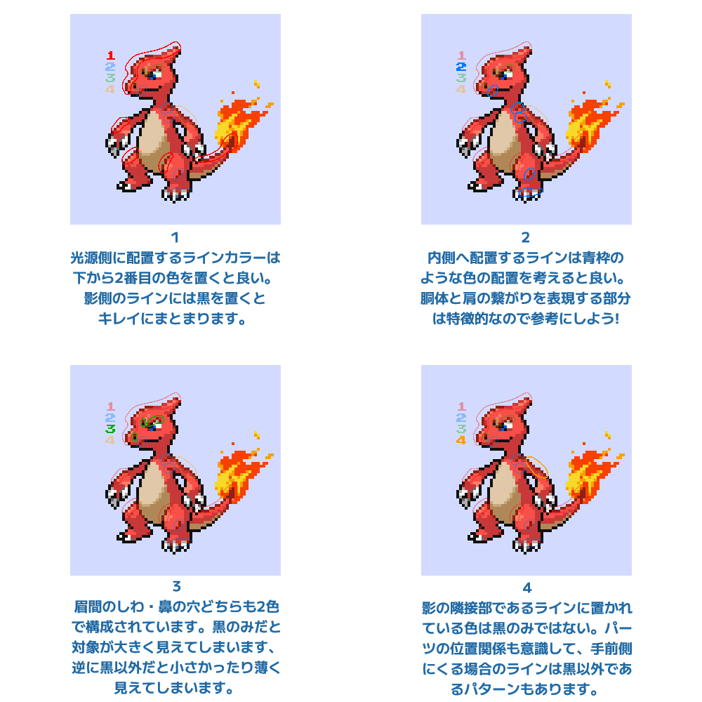 gopokenohito's tweet photo. ポケモン風ドット絵のアウトラインについて。

アウトライ��は黒で囲むだけではなく、
光源・影・隣り合う色に合わせて線色を変えると、
小さいスプライトでも立体感が出やすくなります。

世代ごとに表現方法が違いますが、皆さんはどのスタイルが好きですか？ https://t.co/aHW8iXv3T9