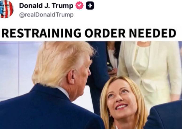 Freedom_force49's tweet photo. Italian president Meloni is not happy after President Trump posted “Restraining Order needed.”

So she decided to wear her purple New World order jacket.

President Trump knew where her allegiance was the whole time. https://t.co/0EVdBTcMB4