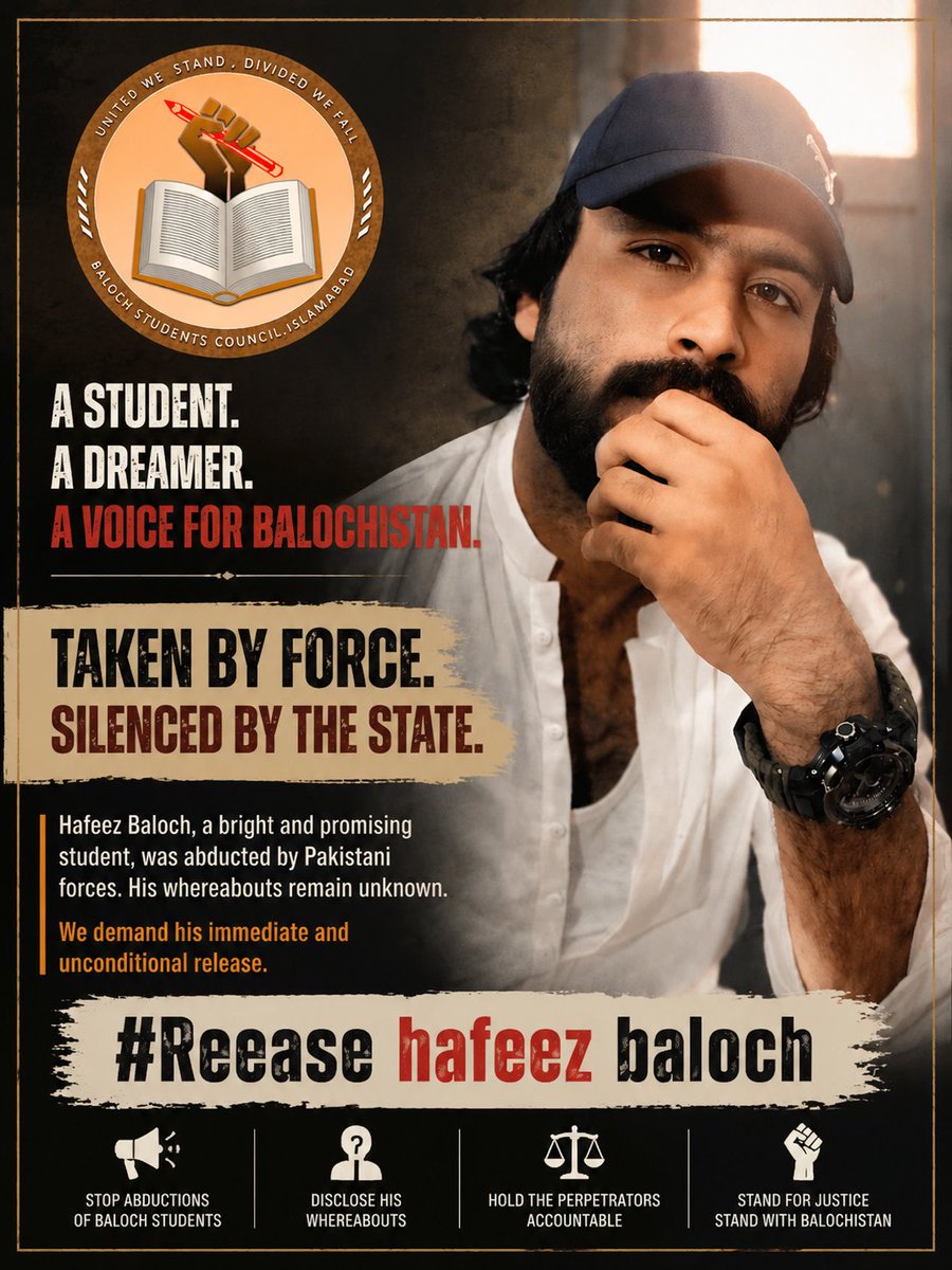 AsadBaloch706's tweet photo. A student of Peshawar University, abducted in Karachi. Hafeez Baloch was pursuing an education, not a crime. #ReleaseHafeezBaloch https://t.co/Hj4jLjQ3h8