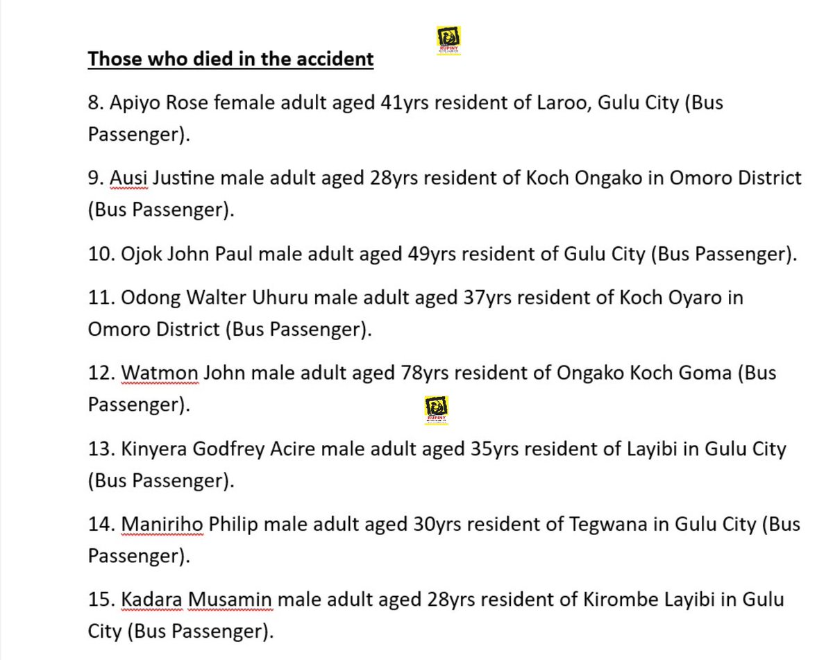 RupinyRadio's tweet photo. Names of the passengers who lost their lives in the Tuesday road accident in Bobi Sub-County, Omoro District, have been released by the police. https://t.co/rgSaS1mafZ