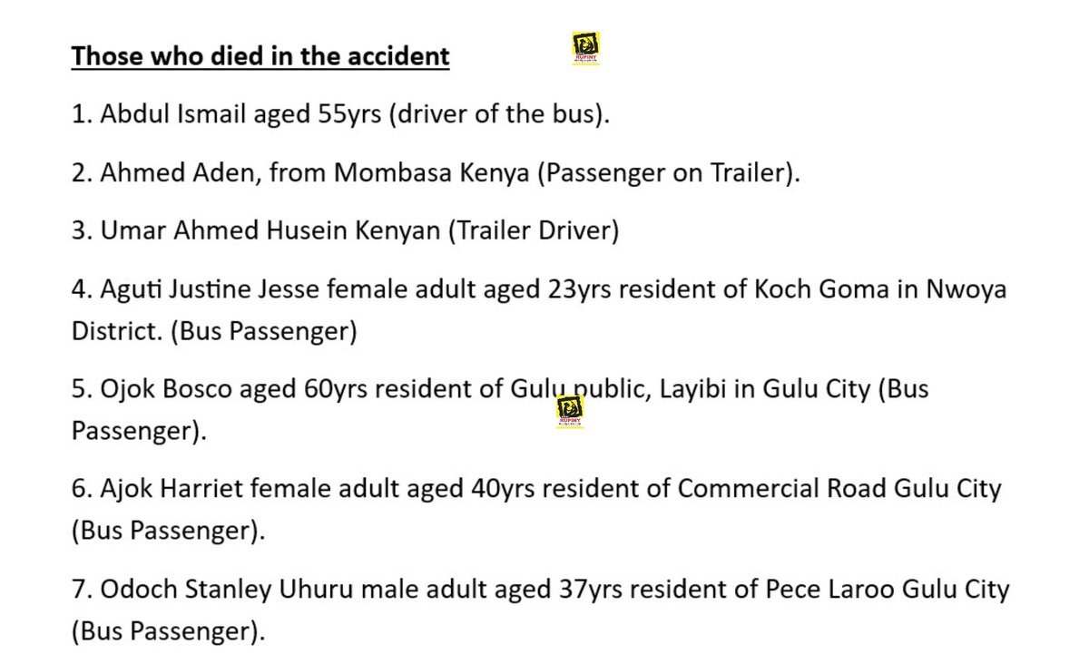 RupinyRadio's tweet photo. Names of the passengers who lost their lives in the Tuesday road accident in Bobi Sub-County, Omoro District, have been released by the police. https://t.co/rgSaS1mafZ