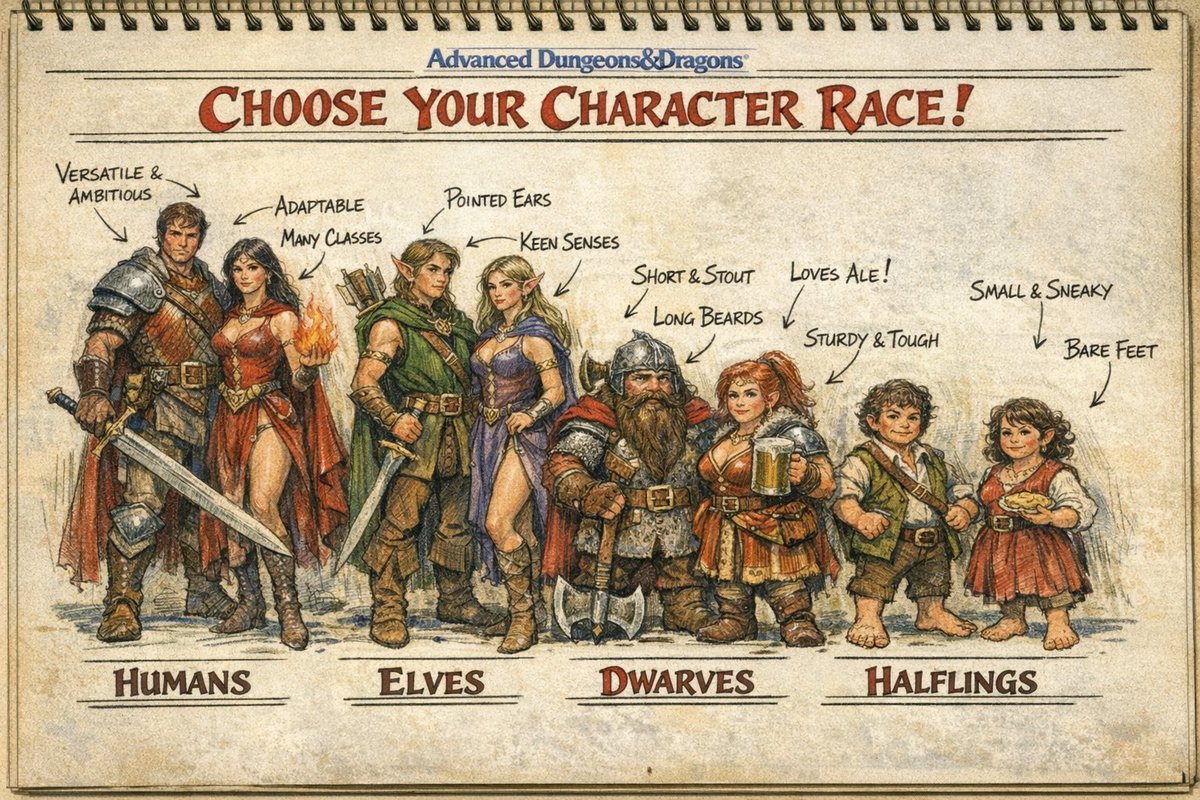 KevinLamb74's tweet photo. While I'm primarily an AD&amp;D guy, I do think there's something special about sticking with only the races from the original OD&amp;D box set, B/X and BECMI. https://t.co/81SvyBxCQK