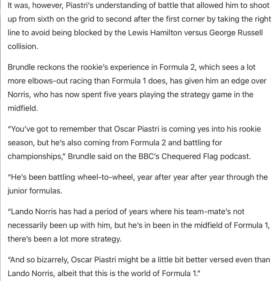 4tesbyr's tweet photo. what i don’t get is that when piastri entered f1 he was labelled a “generational talent", ppl said he would beat lando and some even argued he would be more comfortable at the front bc of his junior championship battles. so there was so much hype in 2023.

but after lando consistently beat him (over the course of a season) the comparison isn't fair bc piastri is less experienced? 
feels like the standards changed once the results didn’t match the expectations.