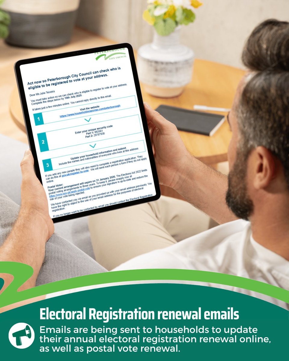 PeterboroughCC's tweet photo. As part of our annual electoral registration review, we are asking residents to go online and confirm who is registered to vote at that address.

Each home will receive a canvass communication form, either by post or email - sent from peterboroughcitycouncil@householdresponse.com which is a legitimate email and the links are safe.

We've also emailed those whose postal votes are due to expire with a link to make a new application.

Please read the contents carefully, check the information is correct and respond if needed. You can complete the process at https://t.co/GhTRoEZpPH.

If you have any questions please contact Electoral Services on 01733 452249 or email electoral.services@peterborough.gov.uk.