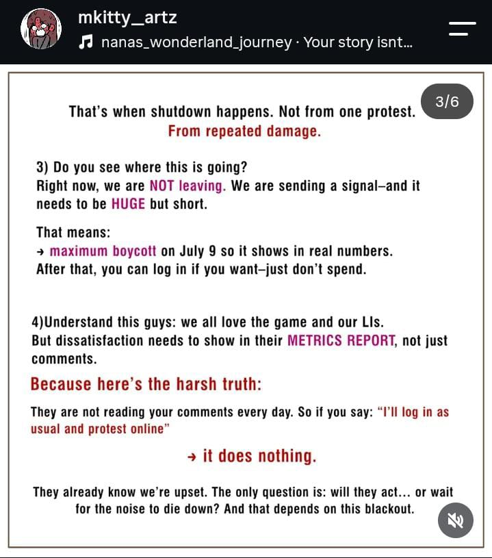 Fayumerii's tweet photo. I don't think I can finish it before 9th but guys

🚨PLEASE DO NOT LOG IN+ DO NOT PROMOTE+ DO NOT SHARE FANWORKDS OF THE GAME IN JULY 9TH

all these protest will be in Vain if we can't even impact the DAU 
here is someone explaining it better 
#BringBackValko #KeepValkoAlive https://t.co/Ii7V8C6AWs