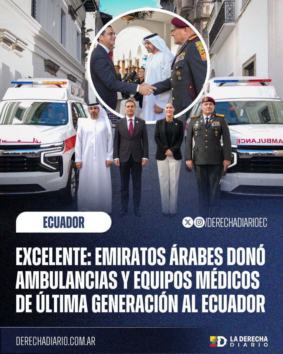 DerechaDiarioEC's tweet photo. 🚨🇪🇨🇦🇪 | EXCELENTE: El Gobierno de los Emiratos Árabes Unidos donó dos ambulancias de última generación y un sistema portátil de rayos X a la Casa Militar de la Presidencia del Ecuador. https://t.co/RxCXxcisfP