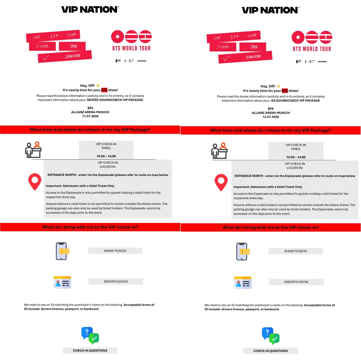 875tickets's tweet photo. #BTS_WORLDTOUR_ARIRANG — MUNICH ITINERARY 

VIP CHECK-IN: 10AM - 2PM
CHECK-IN LOCATION: ENTRANCE NORTH (ENTER VIA ESPLANADE)
SOUNDCHECK: ~4.30PM
PUBLIC DOORS: 5PM
SHOW TIME: 8PM
VENUE GUIDE: https://t.co/EMJGeDryjX

VENUE MAP IN REPLY BELOW 👇🏻 https://t.co/qWSP77ySqo