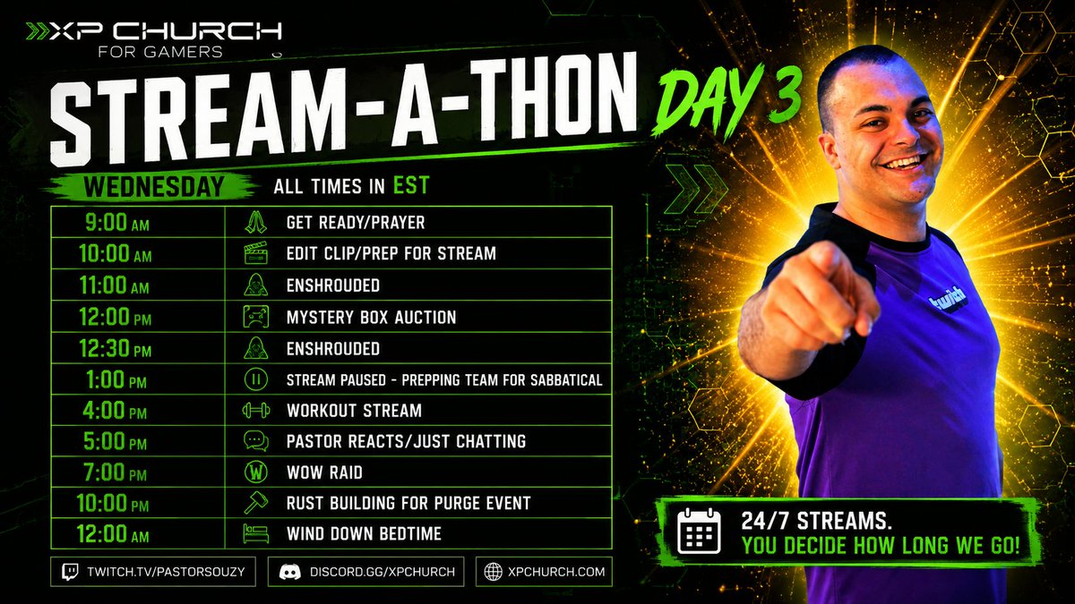 PastorSouZy's tweet photo. STREAM-A-THON DAY 3 CONTINUES

Up to 7 days of 24/7 streams!
Mystery Box Auction 12pm ET