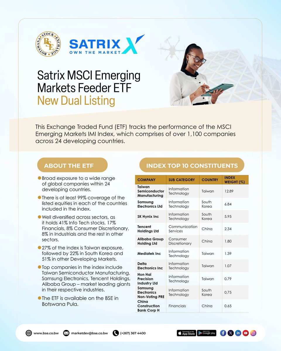 TheOfficialBSE's tweet photo. SATRIX MSCI EMERGING MARKETS FEEDER ETF: 

The Botswana Stock Exchange (BSE) announces the dual listing of the Satrix MSCI Emerging Markets Feeder ETF, which will be officially listed on 9th July 2026. .

Please contact a BSE licensed Broker to enquire on investing. https://t.co/CWdXg8kzqU