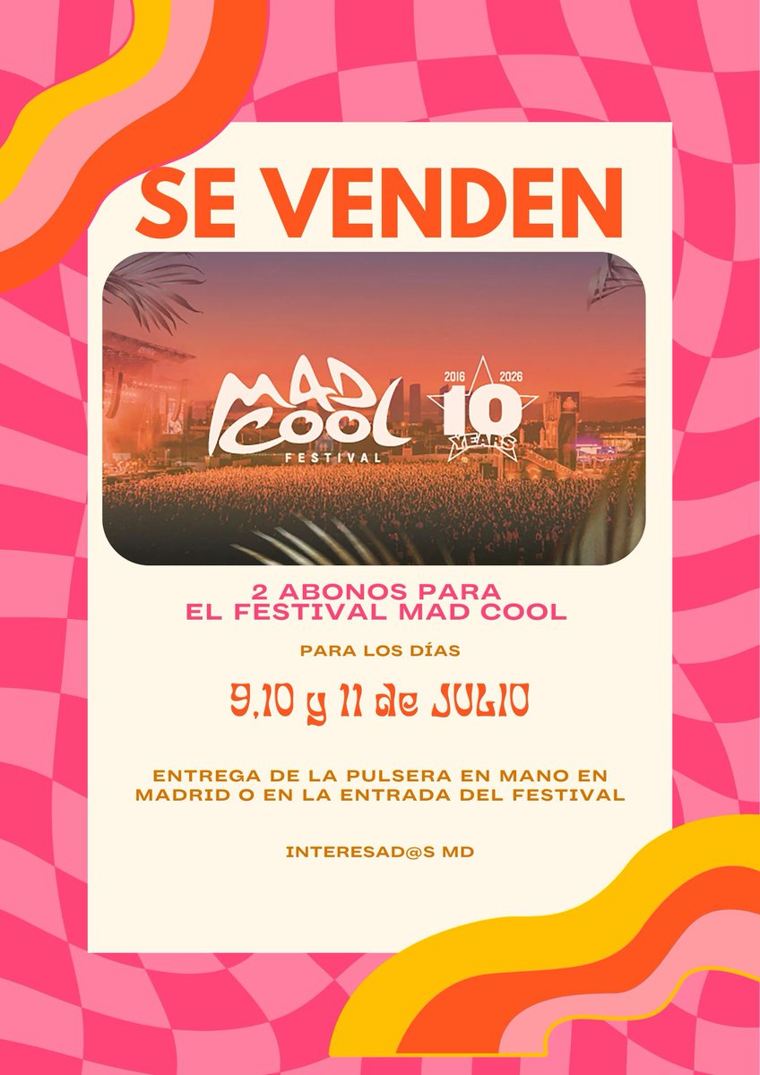 Sara_Dimples's tweet photo. Se venden dos entradas (abonos) para el festival Mad Cool en Madrid para los días 9, 10 y 11 de julio 2026. Entrega de la pulsera en mano en Madrid o a la entrada del festival. Interesad@s MD. 

#madcool #festival https://t.co/I4fe2mCqv2