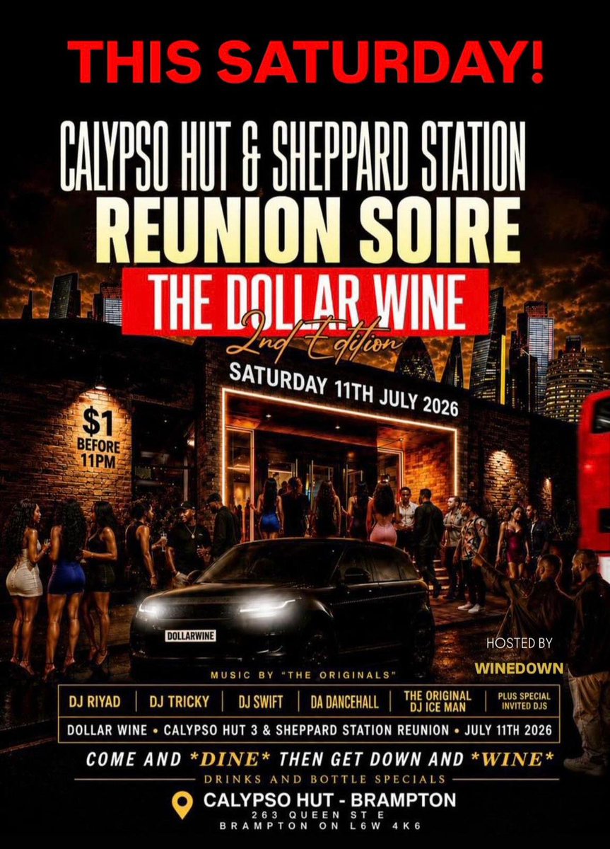 linkthrusocial's tweet photo. 🔥THIS SATURDAY!! JULY 11TH

It’s the Calypso Hut and Sheppard Station Reunion Soiree 💃🏽 

THE DOLLAR WINE 2nd EDITION 💵 
$1 before 11pm 

Music By “The Original DJs”

Dj Riyad 
Dj Tricky
Dj Swift
Da Dancehall 
the original Dj Ice Man 🧊
hosted by Winedown

Plus Special Invited Djs

It’s going down long inside…
Calypso Hut - Brampton 
at 263 Queen St E. #Brampton Ontario 

Come and *Dine* then get down and *Wine*

Drinks and Bottle Specials

That’s $1 before 11 PM - Calypso Hut and Sheppard Station Reunion 
or get your guaranteed all night admission advance $10 tickets SOLD OUT $15 🎟️ at Ticket Gateway 
Doors open at 10pm 

This REUNION promises “wall to wall” Caribbean music and represents a throwback to iconic party vibes! 

BE THERE!