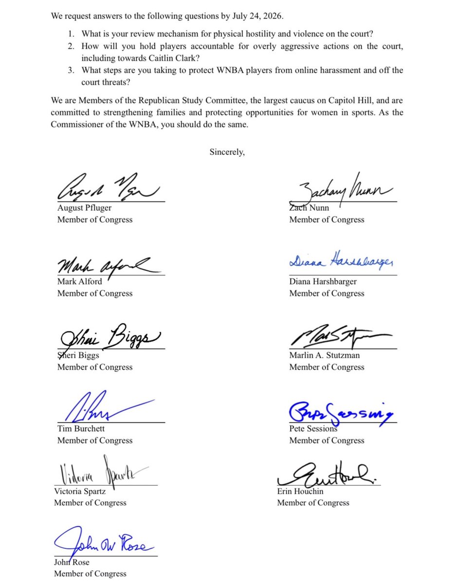 Riley_Gaines_'s tweet photo. Finally, some adults in the room. Thank you to these Republican Members of Congress for holding the @WNBA accountable on the disgusting treatment of Caitlin Clark. She's been the subject of targeted violence.

Protect your athletes or stop pretending to care about women’s sports. https://t.co/inHBdECp2y