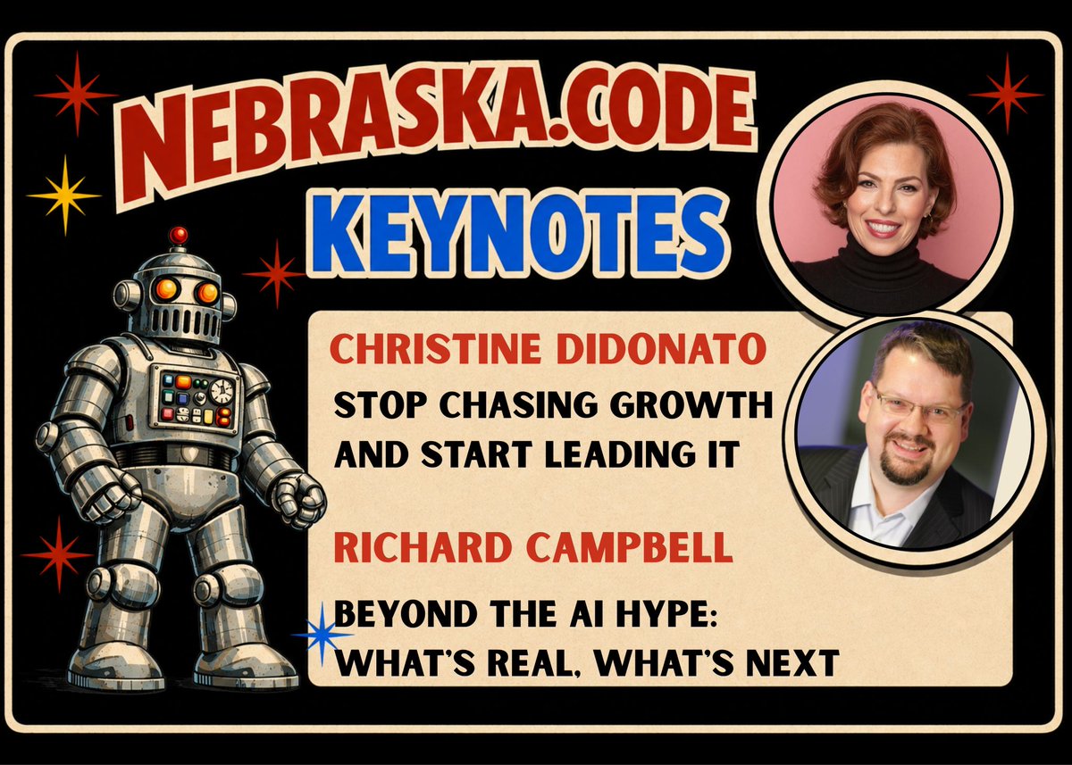 amegala's tweet photo. Don't miss Christine DiDonato & @richcampbell and their Keynotes at Nebraska.Code() this year!

https://t.co/bkqikbHxXW

#CareerGrowth #Leadership #TechCareer #ArtificialIntelligence #AI #TechKeynote #DeveloperConference #DeveloperCommunity #Nebraska #Programming #SoftwareDevelopment #SoftwareEngineering #Coding #TechTrends #SiliconPrairie #HeartlandDev #TechInnovation