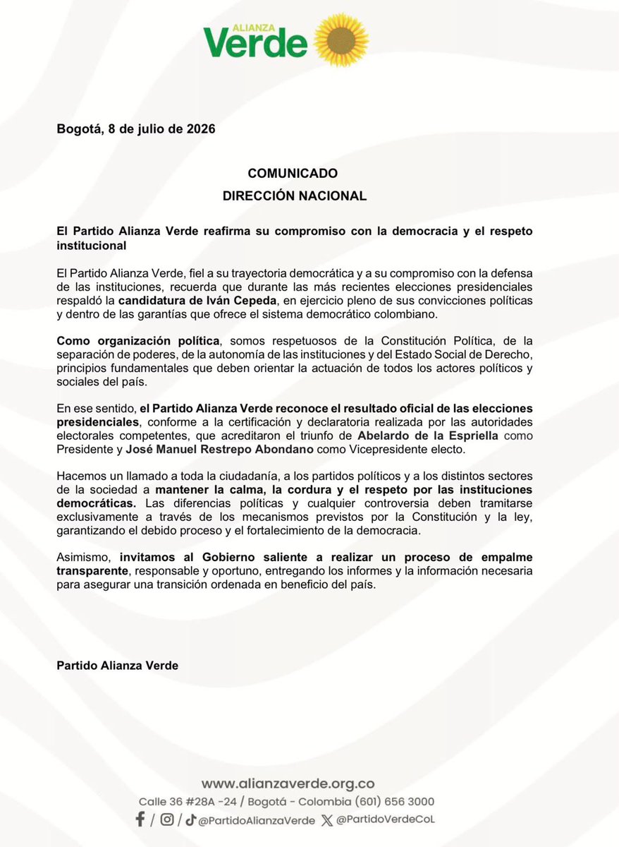 UltimaHoraCR's tweet photo. #Política | El Partido Verde, que apoyó la candidatura de Iván Cepeda a la Presidencia, reconoció el triunfo de Abelardo de La Espriella e hizo un llamado al Gobierno saliente a realizar un proceso de empalme “transparente, responsable y oportuno”.

https://t.co/vwS5QSGs2p https://t.co/OeiVUv9QSk