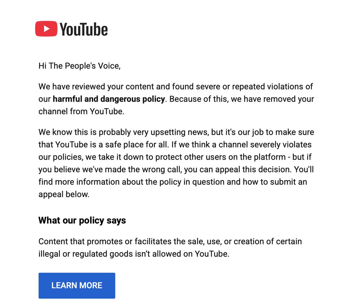 realtpv's tweet photo. We have been banned from YouTube for "repeated violations" of their so-called "harmful and dangerous policy".

Our crime? Reporting on news and topics the mainstream media won't touch.

We've reached out to them multiple times and get AI bot responses every time.

Hey, @TeamYouTube - what exactly was harmful or dangerous about our content?