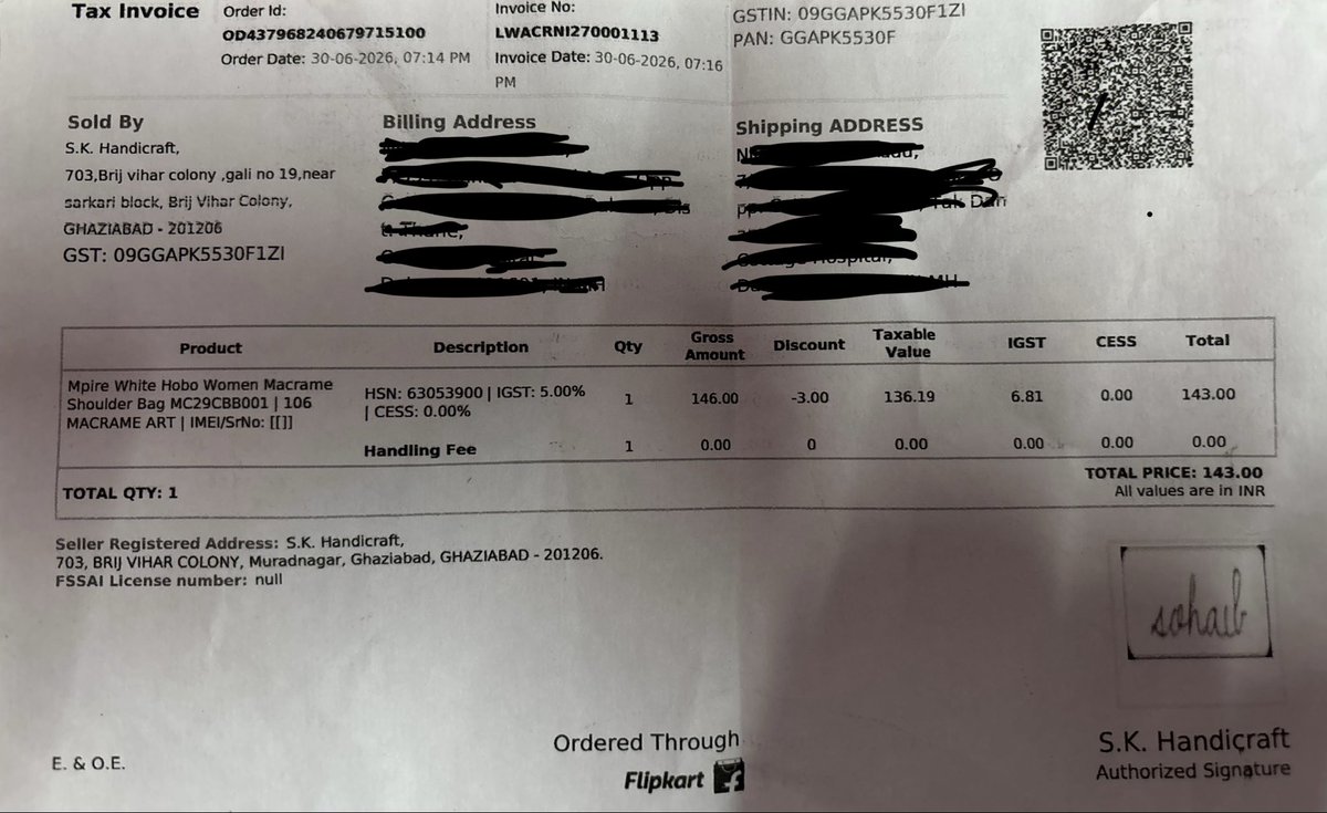 nilam_nk's tweet photo. @Flipkart @flipkartsupport Why was I charged ₹200 for Order ID OD437968240679715100 when the official invoice shows the total as ₹143? Where did the extra ₹57 go? Please explain and refund the difference. Invoice attached as image.png. #Flipkart @jagograhakjago https://t.co/DFG4yVllfR