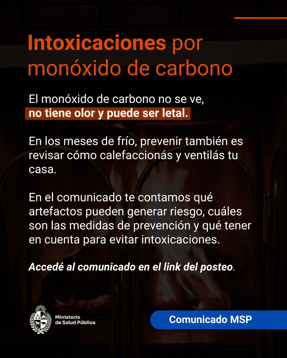 MSPUruguay's tweet photo. 🚨COMUNICADO MSP

Cómo prevenir intoxicaciones por monóxido de carbono este invierno ⬇️
https://t.co/A8QWGaN0iL https://t.co/9T9B0BNeim