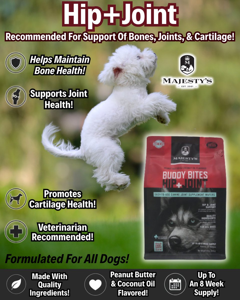 Majestys_Wafers's tweet photo. Recommended for support of bones, joints and cartilage
#majestys #majestysanimalnutrition #dogs #dogsofinstagram #dogstagram #ilovemydog #healthydog #doghealth #shopsmall #supplementsthatwork https://t.co/U1GqjevPLt