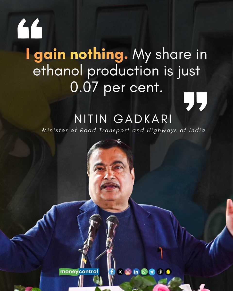 moneycontrolcom's tweet photo. 🚨 'I gain nothing': Nitin Gadkari says he gets no 'financial benefit' from Ethanol policy amid row

The minister said India produces nearly 1,500 crore litres of ethanol annually through around 550 production units, with his own share accounting for just 0.07 per cent of the total output.

Read More:
https://t.co/LHAimL2vMx